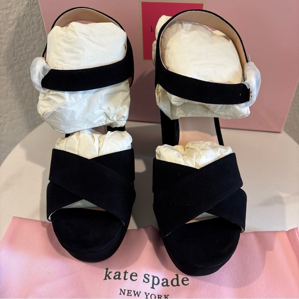 kate spade Black Suede Platform Block Heel Sandals - Picture 2 of 9